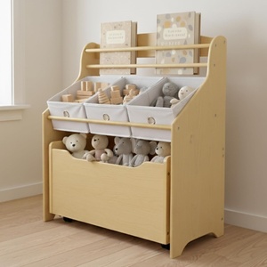 image:imageHumble Crew 3in1 Kids Bookshelf and Toy Storage Organizer Bookcase with Rolling Toy Box and 3 Fabric Storage Bins Wooden Nursery amp Playroom Organizer GreyGreyNaturalWhite