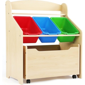 image:imageHumble Crew 3in1 Kids Bookshelf and Toy Storage Organizer Bookcase with Rolling Toy Box and 3 Fabric Storage Bins Wooden Nursery amp Playroom Organizer GreyGreyNatural Finish  Primary