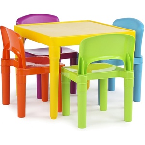 image:imageHumble Crew Kids Plastic Table and Chair Set Toddler Activity Table with 4 Chairs Lightweight EasyClean Kids Desk for Play Snacks amp Crafts Playroom Furniture BlueRedGreenYellowPurpleYellow TableVibrant Chairs