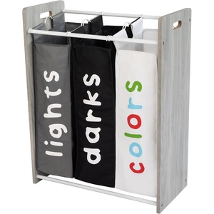 image:imageHumble Crew Slate Kids Laundry Organizer with 3 Removable Hampers  White with Grey Woodgrain Frame Sorting Hamper for Toddlers amp PreschoolersLaundry Organizer