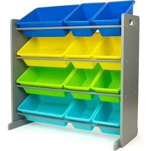 image:imageHumble Crew Toy Storage Organizer with 12 Removable Storage Bins for Kids Playroom 4Tier Toddler Toy Organization GreyBlueGreenYellowGreyBlueGreenYellow