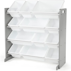 image:imageHumble Crew Toy Storage Organizer with 12 Removable Storage Bins for Kids Playroom 4Tier Toddler Toy Organization Natural WoodAquaGreyWhite