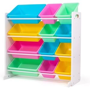 image:imageHumble Crew Toy Storage Organizer with 12 Removable Storage Bins for Kids Playroom 4Tier Toddler Toy Organization Natural WoodAquaWhitePastels