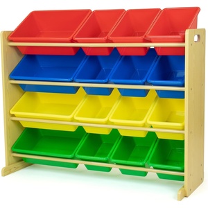 image:imageHumble Crew Toy Storage Organizer with 16 Removable Storage Bins for Kids Playroom 4Tier Toddler Toy Organization and Storage WhiteWhiteNatural WoodPrimary