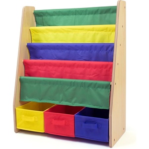 image:imageHumble Crew 4Tier Kids Bookshelf and 3 Bins Toy Storage Natural and Primary  Book Shelf for Kids Rooms with Four Deep Pockets  Toddler Sling Book Rack with Deep Sleeves Nursery Bookcase Organizer