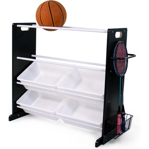 image:imageHumble Crew Jayden Sports Equipment Organizer with 2 Ball Racks and 4 Storage Bins  BlackWhite Rack for Home Gym Garage amp Kids Gear Holds Balls Bats Rackets amp More4 Bins  Sports Equipment